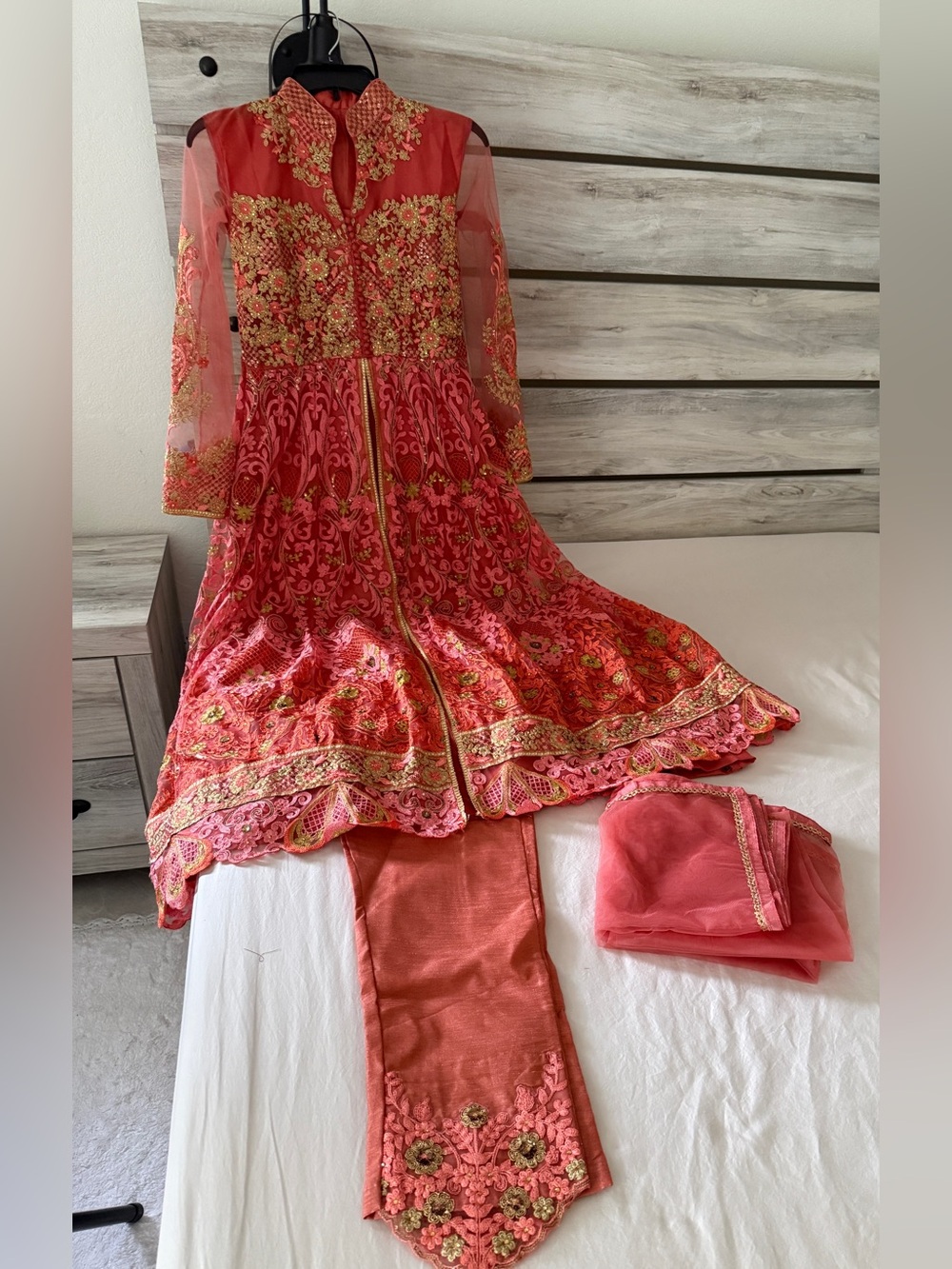 Indian gorgeous small Coral Pink women’s long Party Dress with Trousers